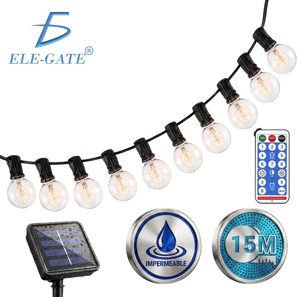 Guirnalda solar G40 de 15 m con 15 focos y control remoto, luz cálida