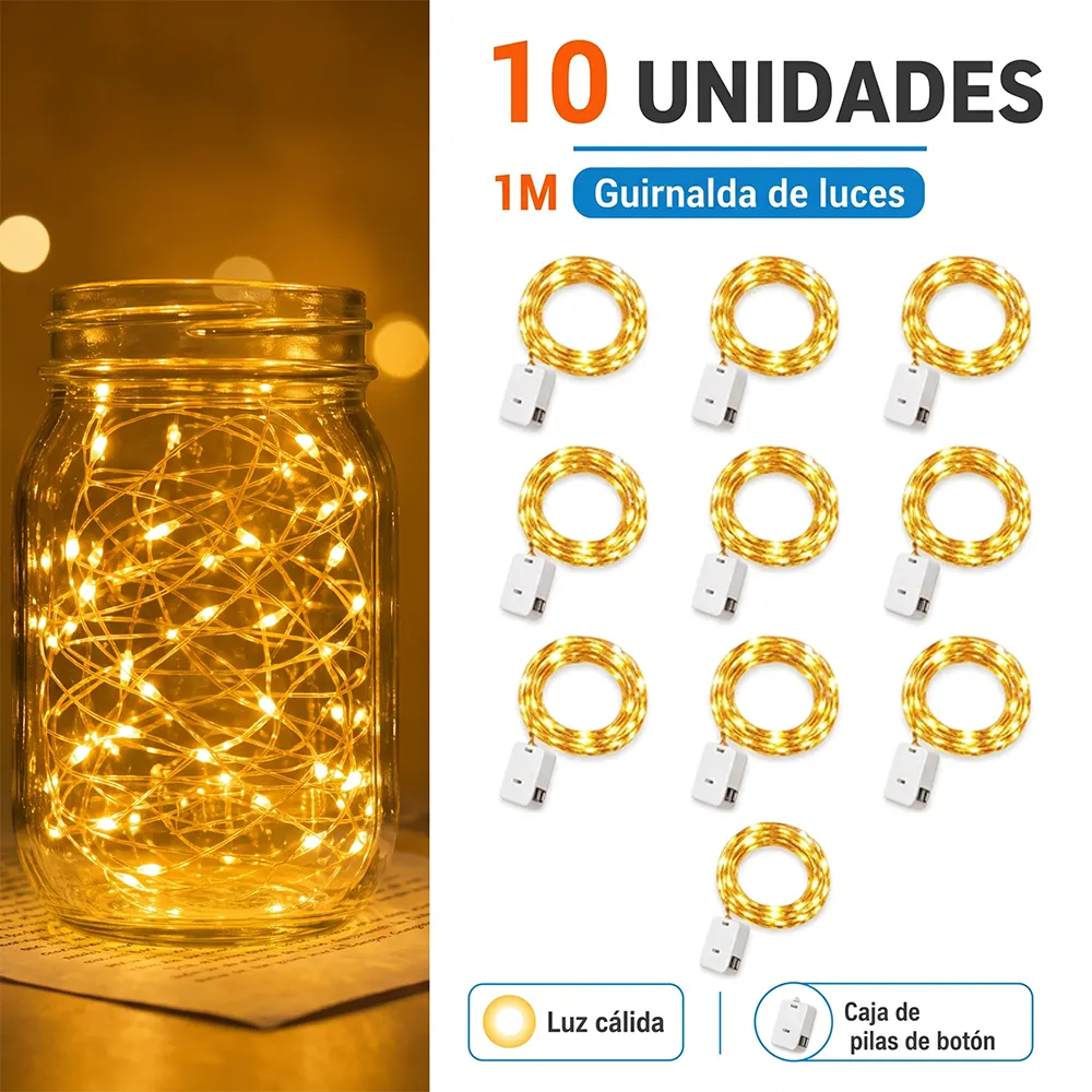 10 Guirnaldas de Luces LED 1 Metro Luz Cálida con Caja para Pilas de Botón - Imagen 4
