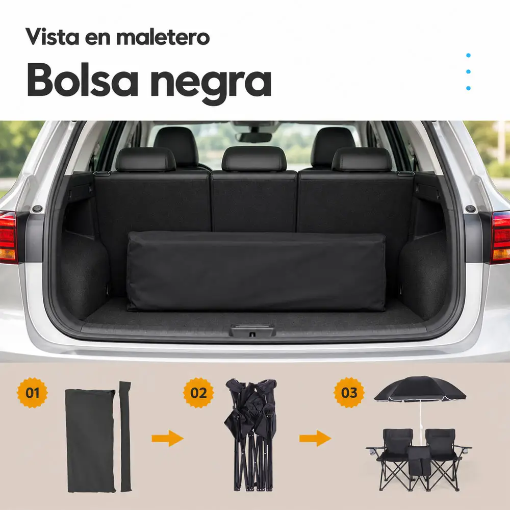 Silla Doble Plegable con Sombrilla Desmontable, Hielera y Portavasos - Imagen 5