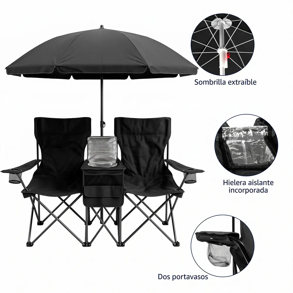 Silla Doble Plegable con Sombrilla Desmontable, Hielera y Portavasos - Imagen 3