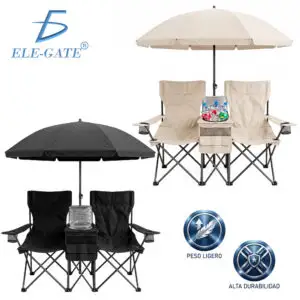 Silla Doble Plegable con Sombrilla Desmontable, Hielera y Portavasos