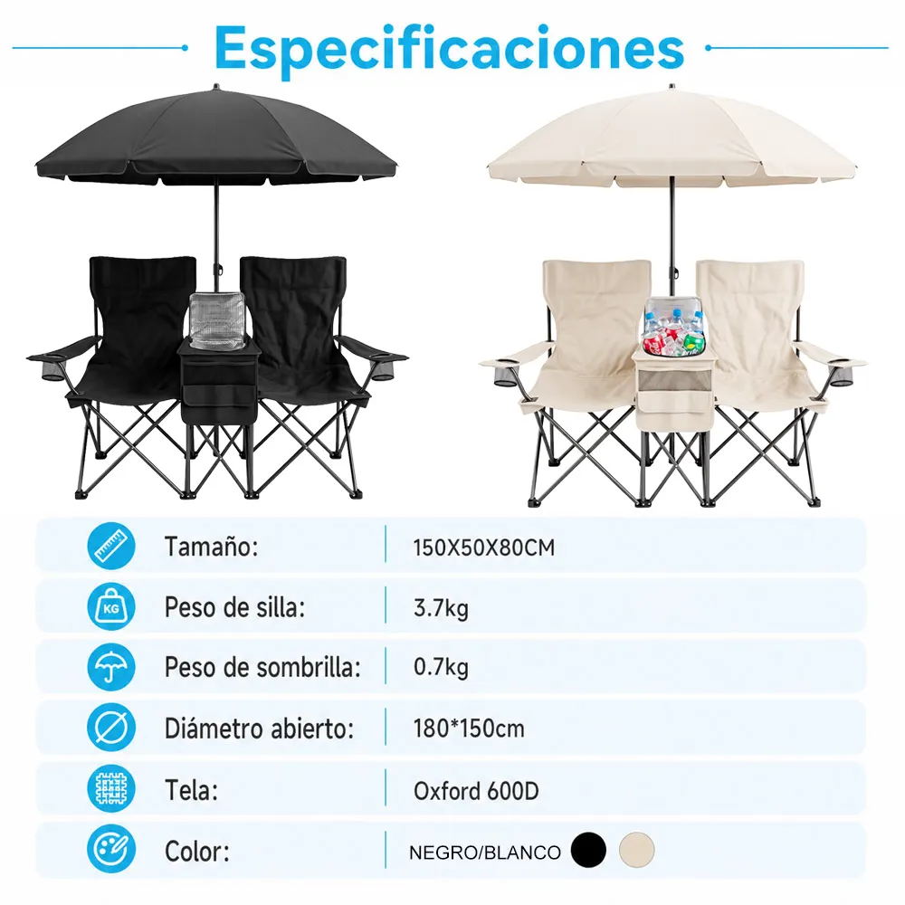 Silla Doble Plegable con Sombrilla Desmontable, Hielera y Portavasos - Imagen 6